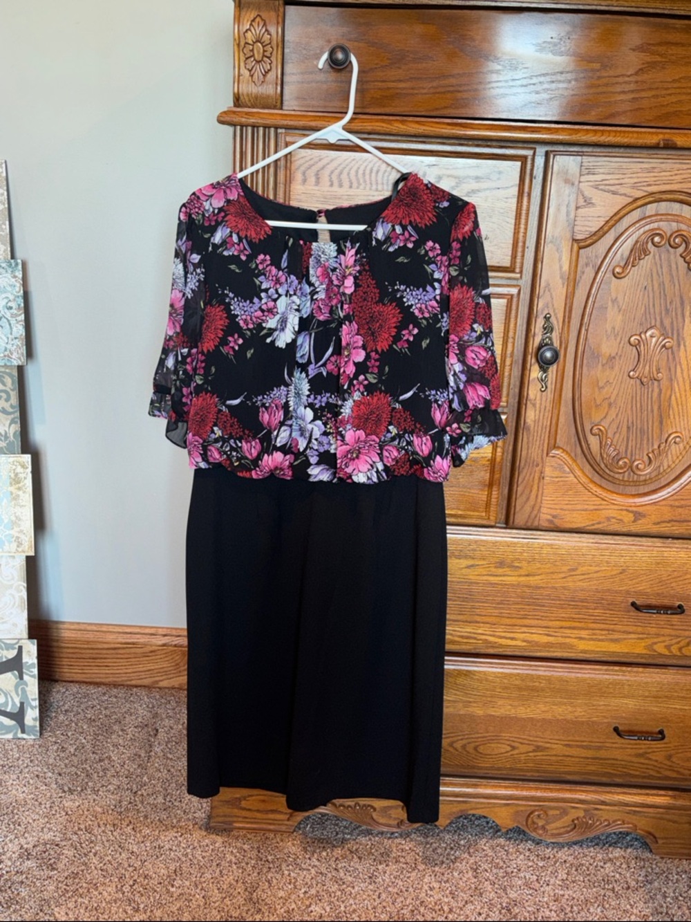 Nordstrom Black Midi Dress with Pink & Red Floral Overlay